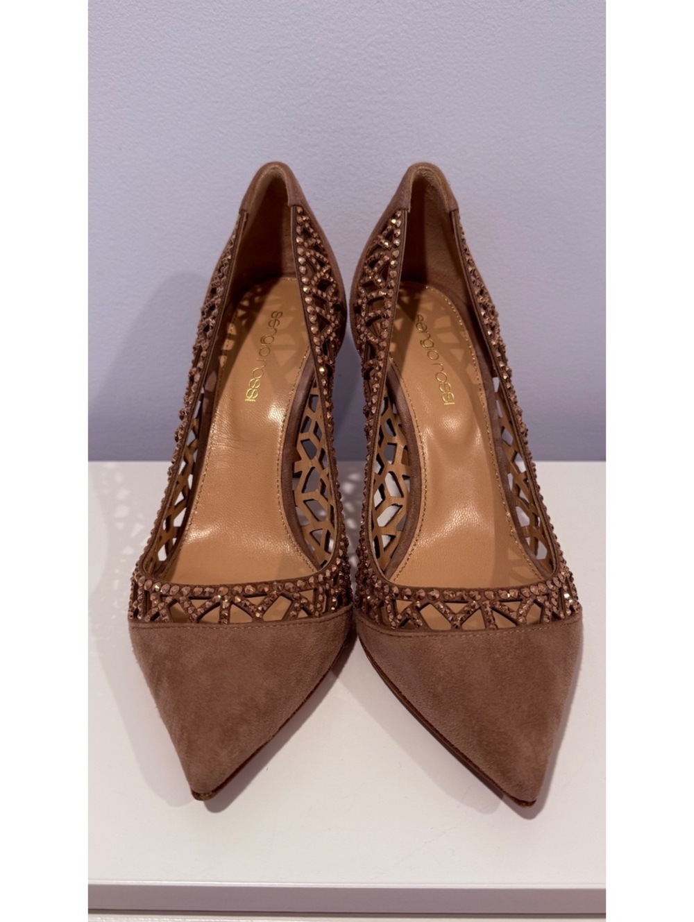 Sergio Rossi Crystal Suede Pointed Toe Heels